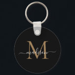 Black Gold Monogram Name Elegant Modern Script Key Ring<br><div class="desc">Simple Black Gold Monogram Elegant Modern Script Keychain</div>