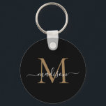 Black Gold Monogram Name Elegant Modern Script Key Ring<br><div class="desc">Simple Black Gold Monogram Elegant Modern Script Keychain</div>