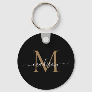 Black Gold Monogram Name Elegant Modern Script Key Ring
