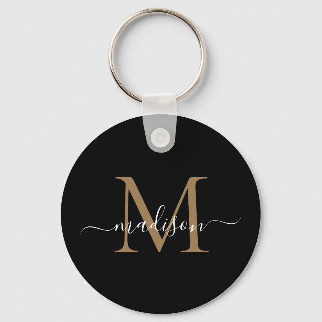 Black Gold Monogram Name Elegant Modern Script Key Ring (Front)
