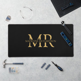 Black Gold Monogram Name Initials Office Desk Mat