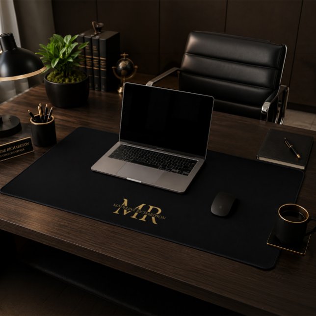 Black Gold Monogram Name Initials Professional Desk Mat (Black and gold monogram desk mat)