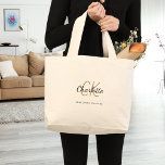 Black gold monogram name initials script simple large tote bag<br><div class="desc">Personalise and add your first name,  monogram initial and full name.  Black and golden coloured text. The name is written with a modern hand lettered style script.</div>