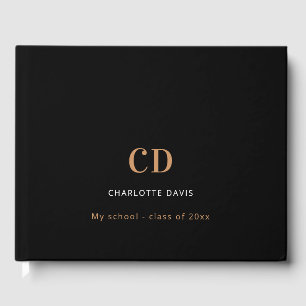 Black gold monogram name modern graduation guest book