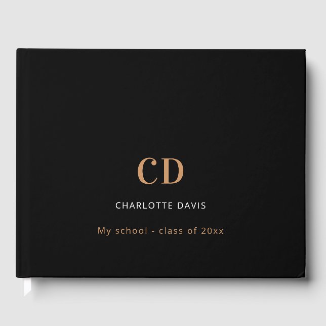Black gold monogram name modern graduation guest book (Front)