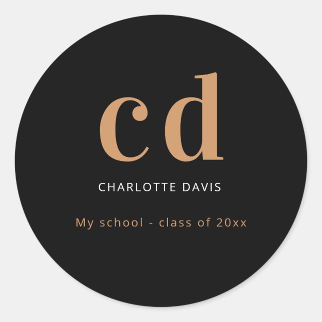 Black gold monogram name modern minimalist classic round sticker (Front)