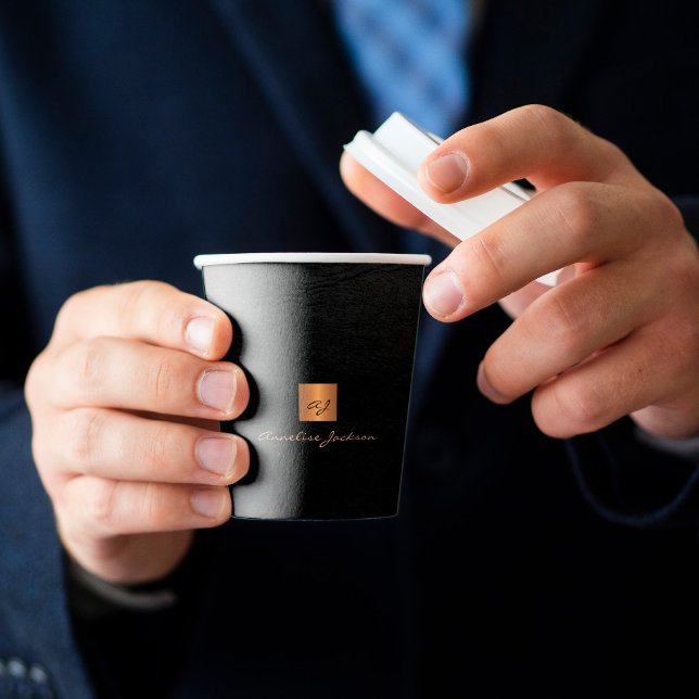 Black gold monogram name personalised elegant paper cups (Creator Uploaded)