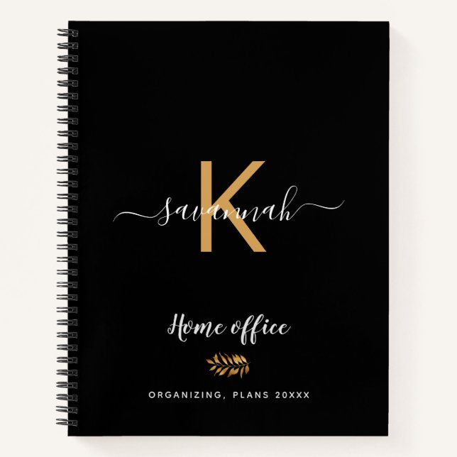 Black gold monogram name script elegant notebook (Front)