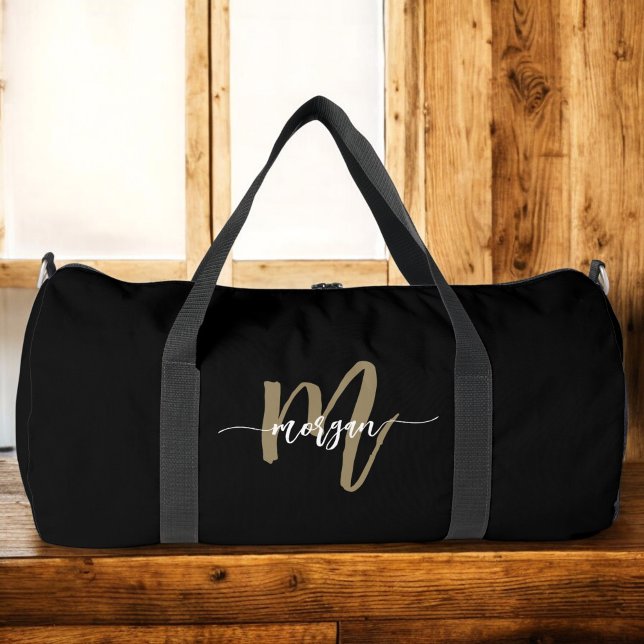 Black Gold Monogram Name Script Sports Duffle Bag (Creator Uploaded)