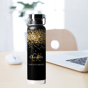 Black gold monogram name water bottle