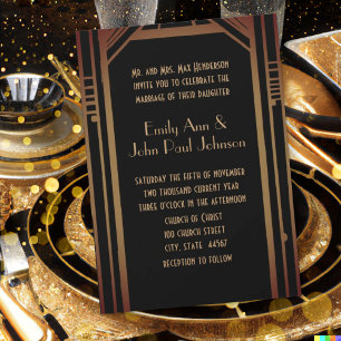 Black & Gold Monogram on Back Art Deco Wedding  Invitation