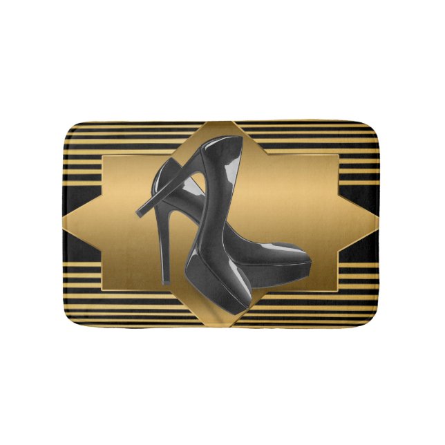 Black Gold Monogram Pattern & High Heels Bath Mat (Front)