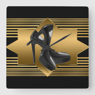 Black Gold Monogram Pattern & High Heels Square Wall Clock