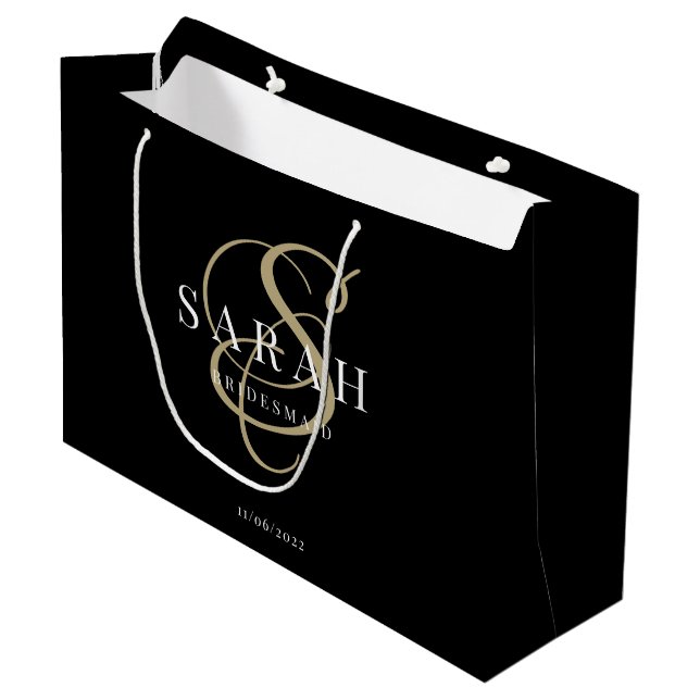 Black Gold Monogram Personalised Bridesmaid Large Gift Bag (Front Angled)