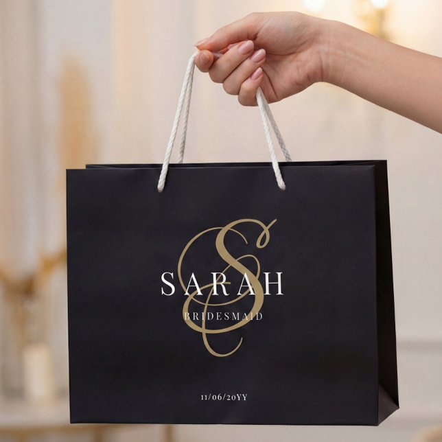 Black Gold Monogram Personalised Bridesmaid Large Gift Bag (Creator Uploaded)