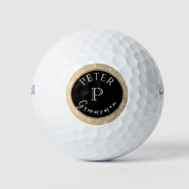 Black Gold Monogram Personalised Groomsman Golf Balls (Front)
