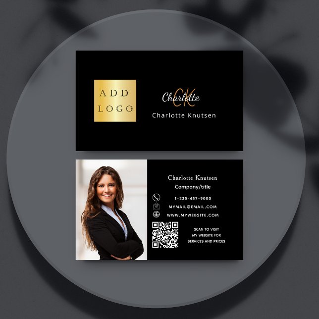 Black gold monogram photo Qr code logo Business Card (Creator Uploaded)
