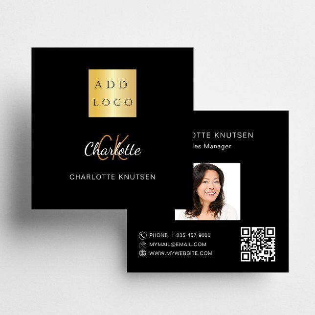 Black gold monogram photo Qr code logo Square Business Card (Creator Uploaded)