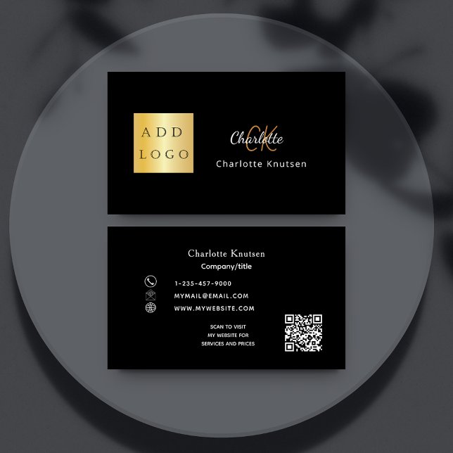 Black gold monogram Qr code logo Business Card (Creator Uploaded)