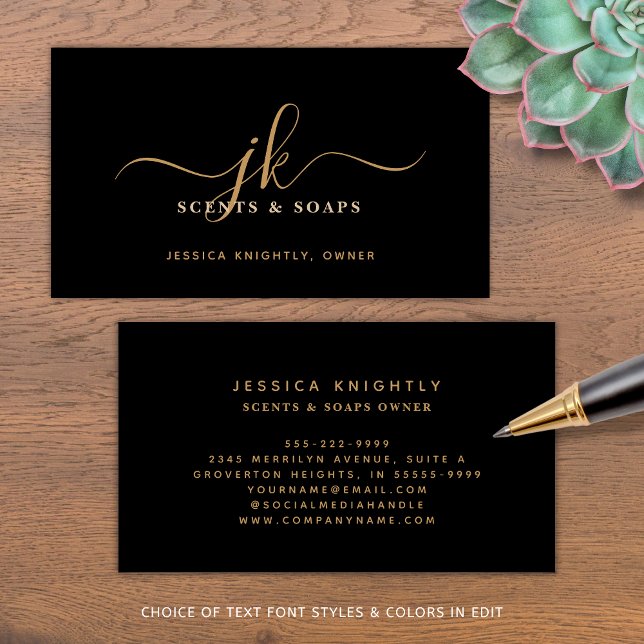 Black Gold Monogram Script Initials Business Logo Business Card (Creator Uploaded)