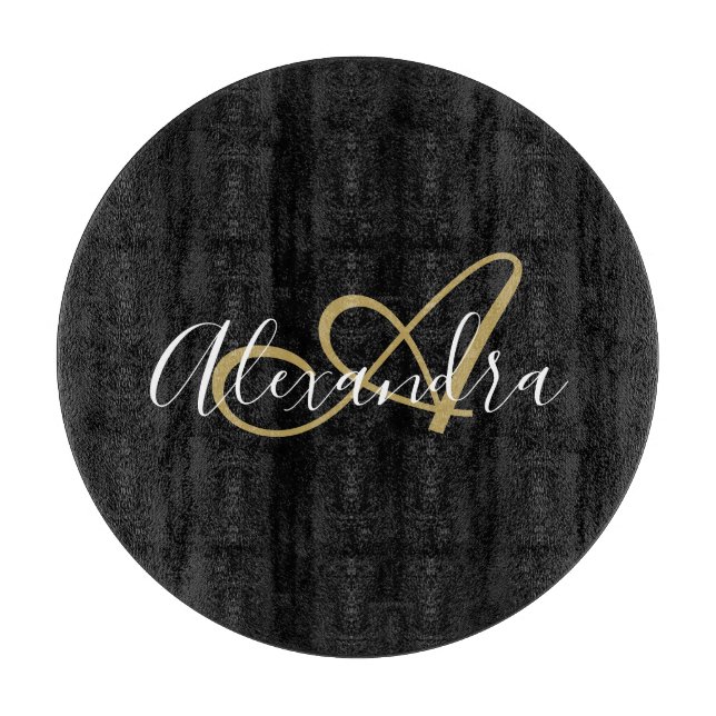 Black Gold Monogram Script Name Chef Cutting Board (Front)