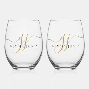 Black Gold Monogram Script Name  Stemless Wine Glass
