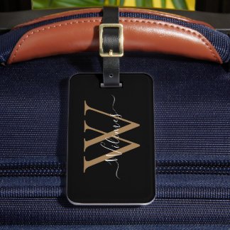 Black Gold Monogram Script Name Stylish Luggage Tag