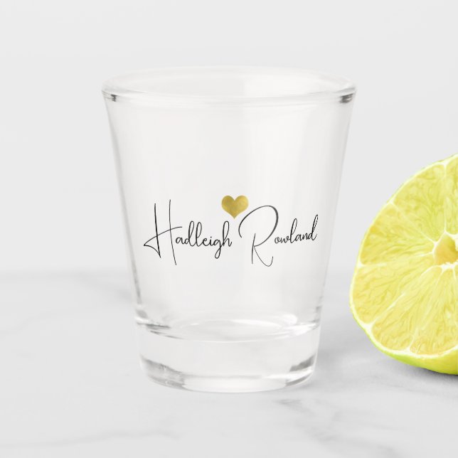 Black Gold Monogram Script Name Stylish Shot Glass (Front)