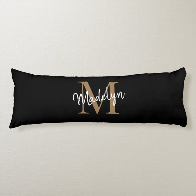 Black Gold Monogram Script Newlywed Anniversary Body Cushion (Front)