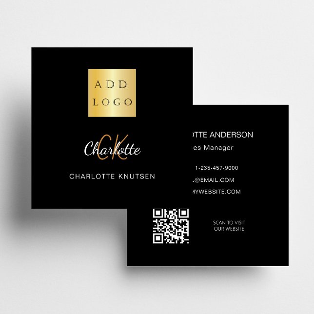 Black gold monogram simple Qr code logo Square Business Card (Creator Uploaded)