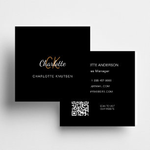 Black gold monogram simple Qr code Square Business Card
