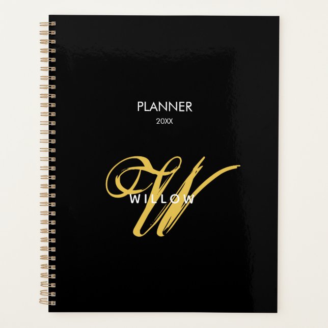 Black Gold Monogram Vintage Script calendar  Planner (Front)