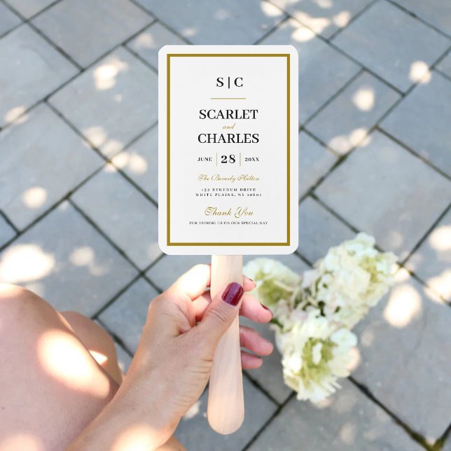 Black & Gold Monogram Wedding Ceremony Program Hand Fan (Black and gold monogram program fan adds elegant style while keeping guests cool.)