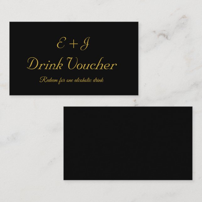 Black Gold Monogram Wedding Drink Voucher Card (Front/Back)