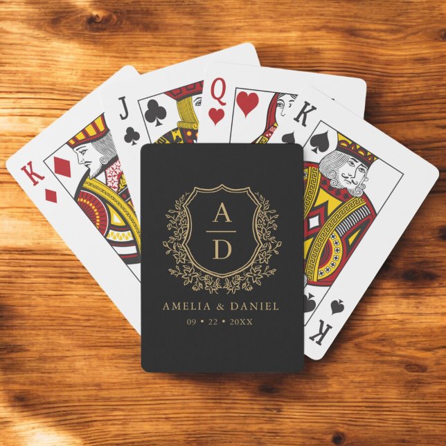 Black Gold Monogram Wedding Floral Crest Playing Cards (Creator Uploaded)