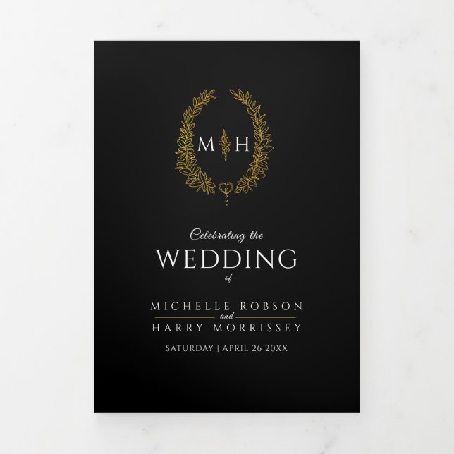 Black gold monogram wreath story & program wedding Tri-Fold programme (Cover)
