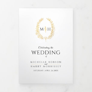 Black gold monogram wreath story & program wedding Tri-Fold programme
