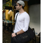 Black Gold Monogrammed Gym Sports Travel Carry On Duffle Bag<br><div class="desc">Create your own custom, personalised, modern faux gold script / typography monogram monogrammed, lightweight, durable Polyester Poplin, men women solid jet black travel gym sports carry-on duffle bag, with rugged 22" carry handles, removable and adjustable (27" to 48") shoulder strap with shoulder pad and metal swivel hooks, laminate lining with...</div>