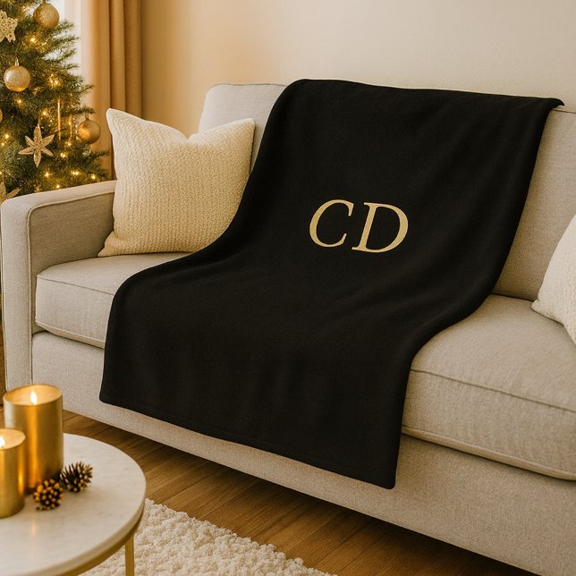 Black gold monogrammed initials luxury fleece blanket (Creator Uploaded)