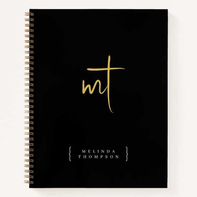 Black Gold Monogrammed Initials Script Typography  Notebook (Front)