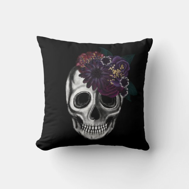Black & Gold Moody Floral Halloween Skull Cushion (Front)