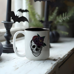 Black & Gold Moody Floral Halloween Skull Monogram Two-Tone Coffee Mug