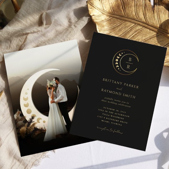 Black Gold Moon Celestial Wedding Invitation (Creator Uploaded)