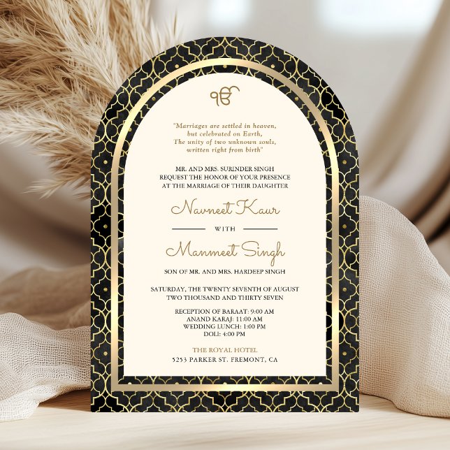 Black Gold Moroccan QR Code Sikh Arch Wedding Invitation (Creator Uploaded)