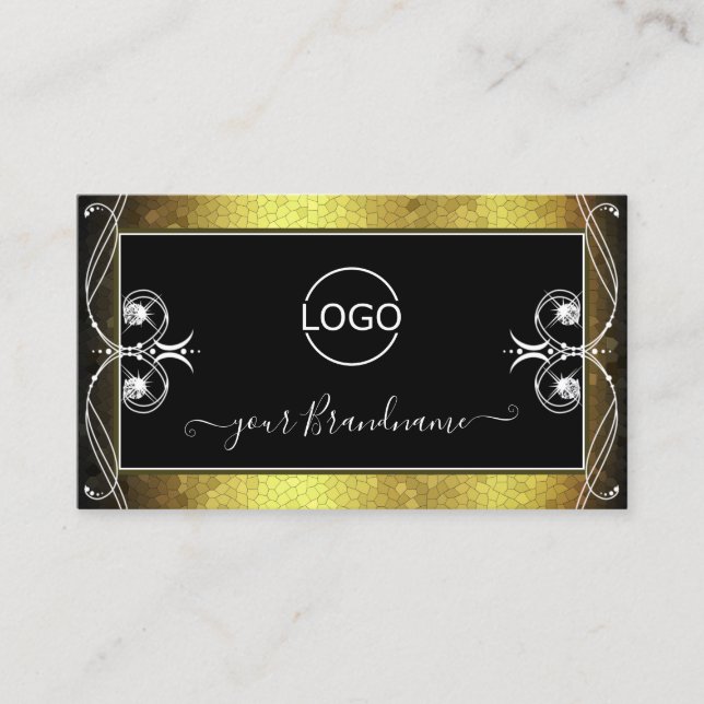 Black Gold Mosaic Ornate Sparkle Diamonds Add Logo Business Card (Front)