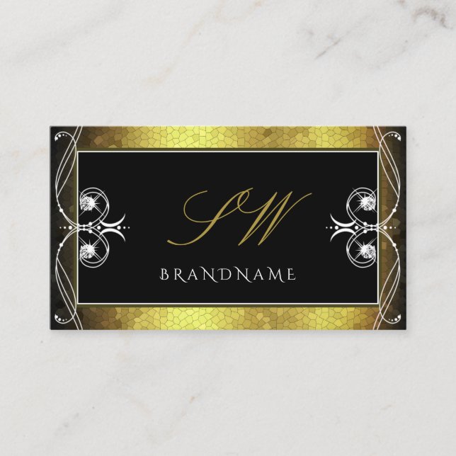 Black Gold Mosaic Ornate Sparkle Diamonds Monogram Business Card (Front)