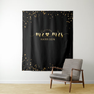 Black Gold Mr and Mrs Wedding Photo Booth Tapestry