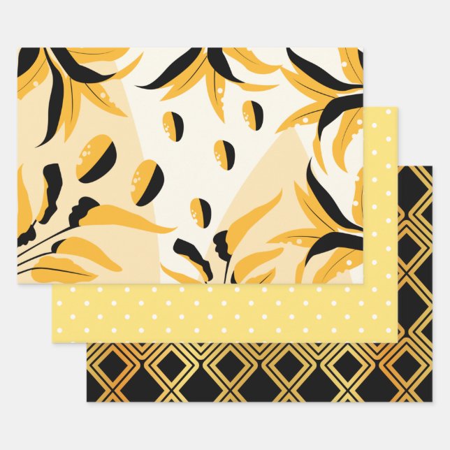 Black, Gold Multipatterned  Wrapping Paper Sheet (Set)