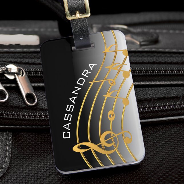 Black & Gold Music Note Scale Luggage Tag (black and white ombre luggage tag with gold music staff)