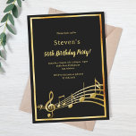 Black gold music notes birthday invitation<br><div class="desc">A trendy,  modern 50th (or any age) birthday party invitation card for both men and women.  A classic black background,  with faux gold  frame and music notes,  golden coloured letters. Templates for your party information.</div>